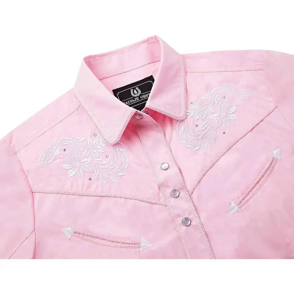 Women's Baby Pink Embroidered Western Cowgirl Slim Button Down Long Sleeve Shirt - Picture 2 of 4